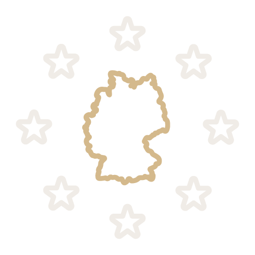 Ein Kontur-Icon, welches ein goldenes Deutschland umgeben von acht hellgrauen Sternen darstellt