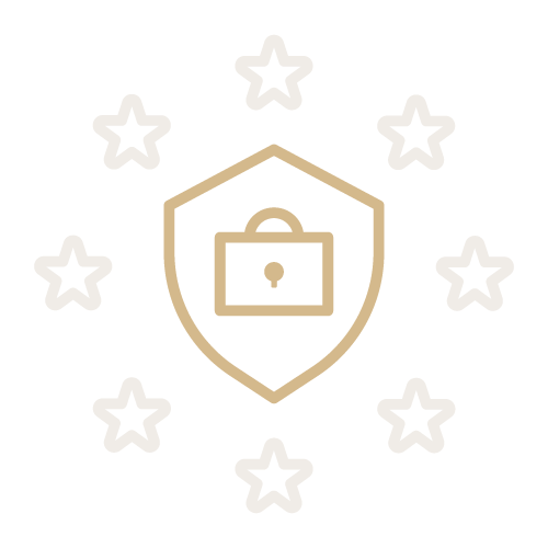 Ein Kontur-Icon, welches ein Schloss in einem Schild in Gold umgeben von acht hellgrauen Sternen darstellt